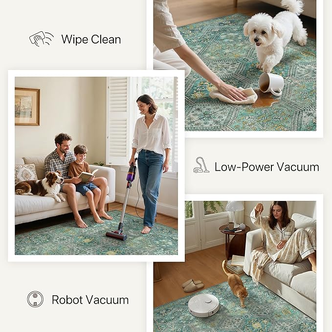Bavni 6x9 Area Rugs for Living Room, Machine Washable Rug Non Slip, Vintage Chenille Distressed Print Carpet, Large Low Pile Ultra-Thin Lightweight Rugs for Bedroom, Dining Room, Home, Office, Cyan