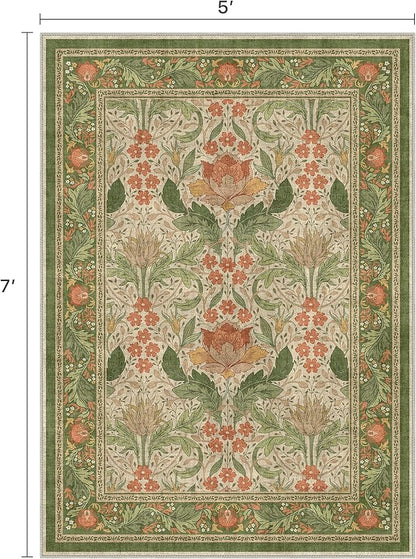 Bavni 8x10 Area Rugs for Living Room, Microfiber Machine Washable Non-Slip Vintage Floral Rug, Low Pile Lightweight Carpet for Bedroom, Dining Room, Home Office, Sage Green & Burnt Orange