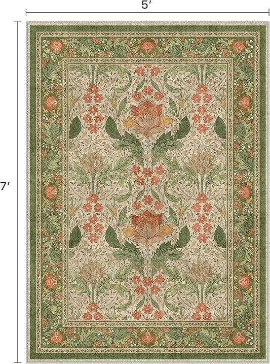 Bavni 8x10 Area Rugs for Living Room, Microfiber Machine Washable Non-Slip Vintage Floral Rug, Low Pile Lightweight Carpet for Bedroom, Dining Room, Home Office, Sage Green & Burnt Orange