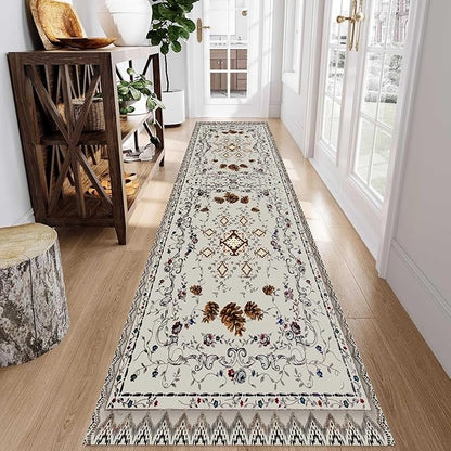 Floral Runner Rug, 4x10ft, Bohemian Vintage Distressed Floral Pineal Rug for Kitchen, Non-Slip No Shedding, Soft Low Pile Indoor Room Grey Rug for Laundry, Washable Rug for Hallway Bathroom