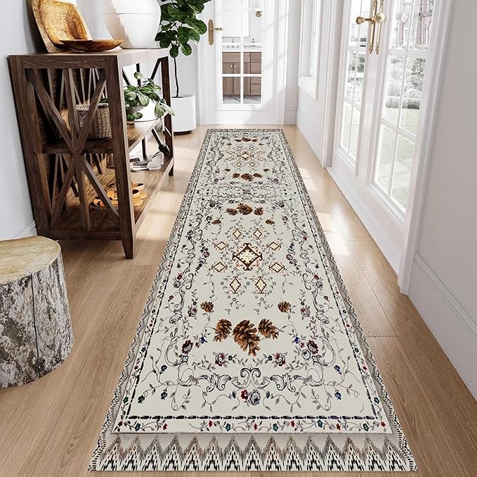 Floral Runner Rug, 2x8ft, Bohemian Vintage Distressed Floral Pineal Rug for Kitchen, Non-Slip No Shedding, Soft Low Pile Indoor Room Grey Rug for Laundry, Bathroom