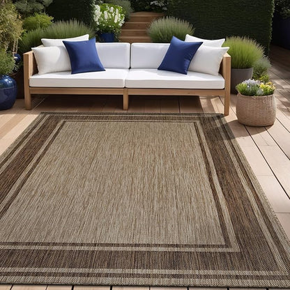 Beverly Rug Large Outdoor Rug 10x14 Modern Bordered Area Rugs for Indoor and Outdoor Patio Deck Porch Garden Waterproof Weather Sun Resistant Washable Outside Carpet (10 x 14 Jute)