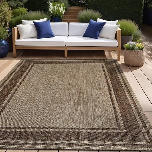 Beverly Rug Large Outdoor Rug 10x14 Modern Bordered Area Rugs for Indoor and Outdoor Patio Deck Porch Garden Waterproof Weather Sun Resistant Washable Outside Carpet (10 x 14 Jute)