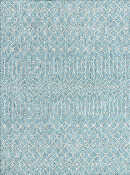 Unique Loom Outdoor Trellis Collection Area Rug - Tribal Trellis (10' x 13' 1" Rectangle, Aqua/ Ivory)
