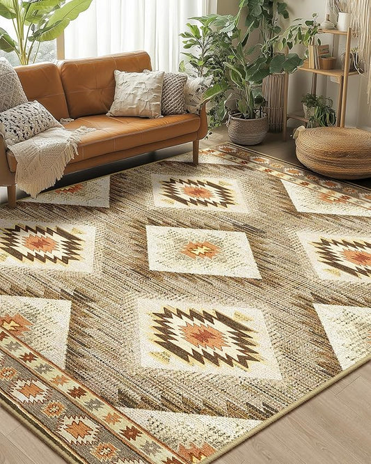 Area Rug 5x8 Rug Machine Washable Non-Slip Low Pile Print Pattern Western Rug for Living Room Bedroom Entryway Tribal Series-Cream/Camel
