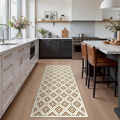 Bavni Hallway Runner Rug Machine Washable, 2x7 Non Slip Lightweight Washable Runners, Moroccan Checkered Rug for Entryway Laundry Kitchen Bathroom Corridor Bedside, Yellow Brown