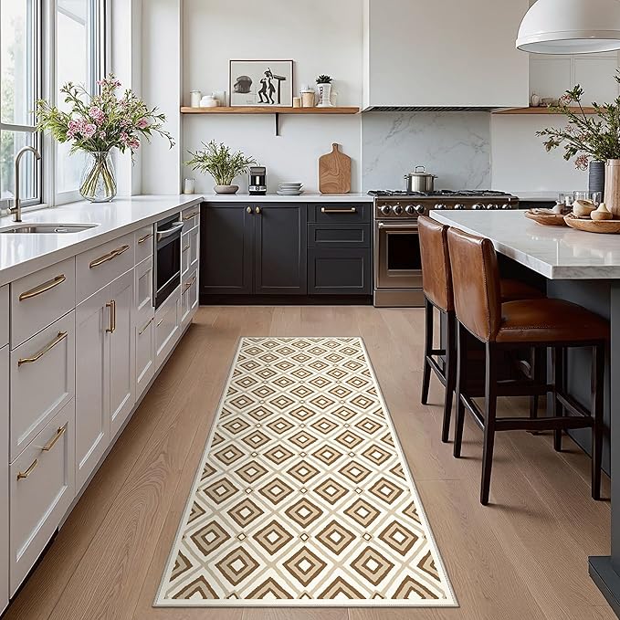 Bavni Hallway Runner Rug Machine Washable, 2x5 Non Slip Lightweight Washable Runners, Moroccan Checkered Rug for Entryway Laundry Kitchen Bathroom Corridor Bedside, Yellow Brown