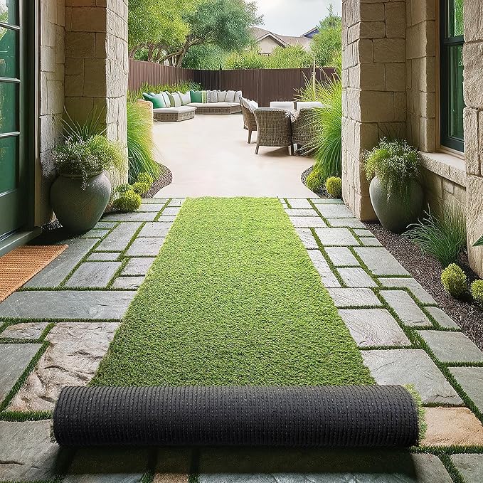 Ottomanson 2'7" x 20' Artificial Faux Grass Rug - Realistic Turf with UV Protection - Perforated for Easy Drainage - Durable, Hose-Off Synthetic Lawn Carpet for Indoor & Outdoor Use, Green