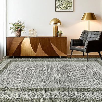 GarveeHome 8x10 Large Washable Area Rug Modern Bordered Rug Distressed Geometric Floor Carpet, Soft Non Slip Rug, Low Pile Non Shedding Rug, Indoor Green Rug for Bedroom, Living Room