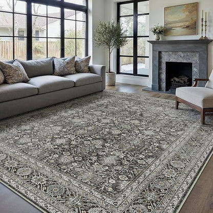 Vintage Area Rug 6x9 Black Washable Living Room Large Carpet Non Slip Bedroom Indoor Office Low Pile Traditional Distressed Retro Accent Rug for Dining Room Kitchen