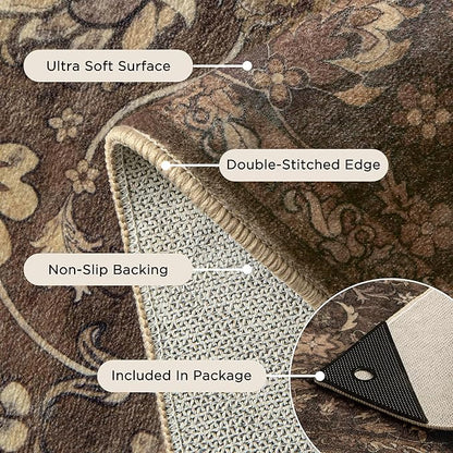 9x12 Area Rug for Living Room, Soft Large Rugs Brown Washable Rugs, Indoor Vintage Carpet for Bedroom Dining Room Office, Rubber Backed Non Slip Low Pile Mat, Dark Brown
