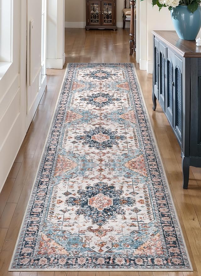 Tangsoo 2.6x10 Hallway Runner Rugs, Washable Runner Rug for Hallway Non Slip Vintage, Soft Low Pile Long Rug Runner, Print Indoor Carpet Runners for Living Room Kitchen Bedroom Entryway Blue/Orange