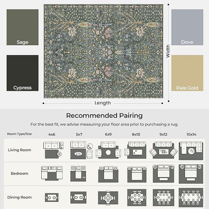 Kokia Boho Vintage Floral Area Rugs, Washable Oriental Botanical Rugs for Living Room, Bedroom, Dining Room, Office, Soft Indoor Area Rug, Sage Green，6x9