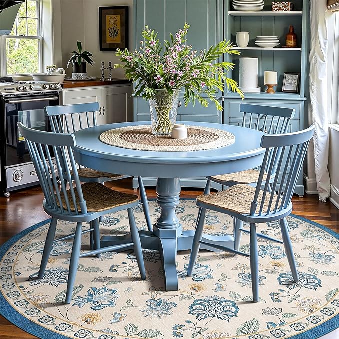 jinchan Elora 7ft Floral Round Rug for Dining Room Washable Living Room Rug Vintage Romance Design Non Slip Indoor Floor Cover Lightweight Low-Profile Throw Carpet for Bedroom Porch Patio, Blue/Beige