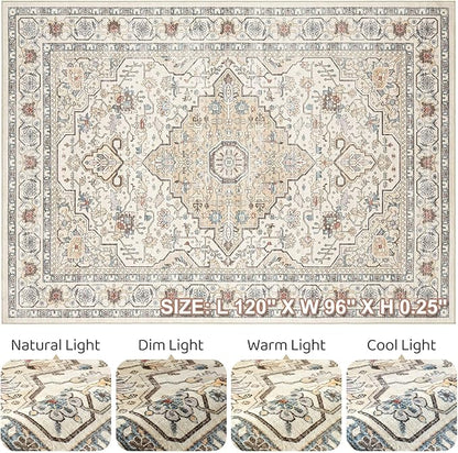8x10 Area Rugs Living Room: Washable Boho Large Neutral Vintage Soft Rug Stain Resistant Farmhouse Non Slip Indoor Floor Carpet for Bedroom Nursery Kids Playroom Office Dining Room- Cream Blue