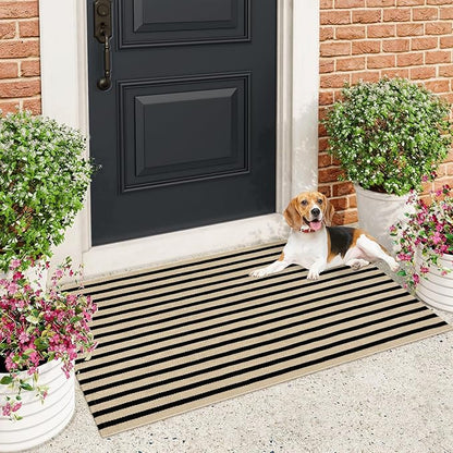 Black and Tan Striped Rugs 2.3'x3.6', Washable Front Door Rug Hand Woven Reversible Outdoor Welcome Mat, Foldable Layered Door Mats for Entryway Porch Decor Home Entrance