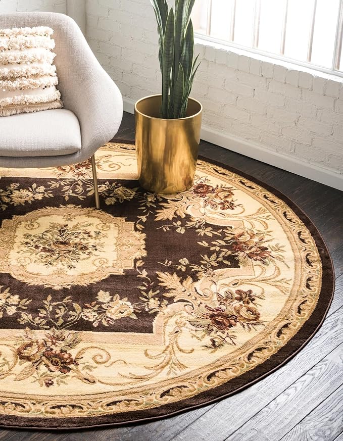 Rugs.com Chateau Collection Rug – 8 Ft Round Brown Medium Rug Perfect for Kitchens, Dining Rooms