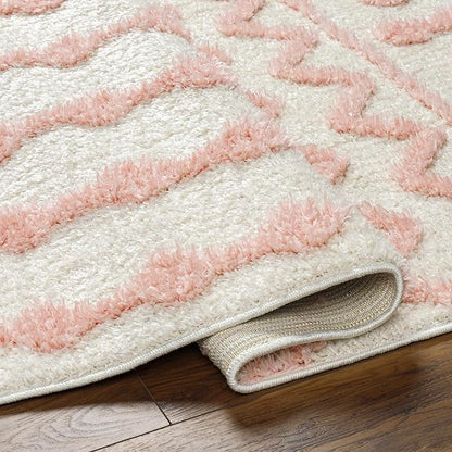 Hauteloom Tilos Moroccan Farmhouse Small Shag Area Rug Door Mat - Shaggy Carpet - Trellis Pattern - High Plush Pile - Cream, Pink, Beige - 2' x 3'