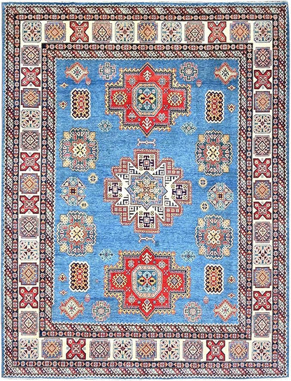 Cerulean Blue Special Kazak with All Over Pattern Natural Dyes Pure Wool Hand Knotted Oriental Densely Woven Rug(9'x11'8")