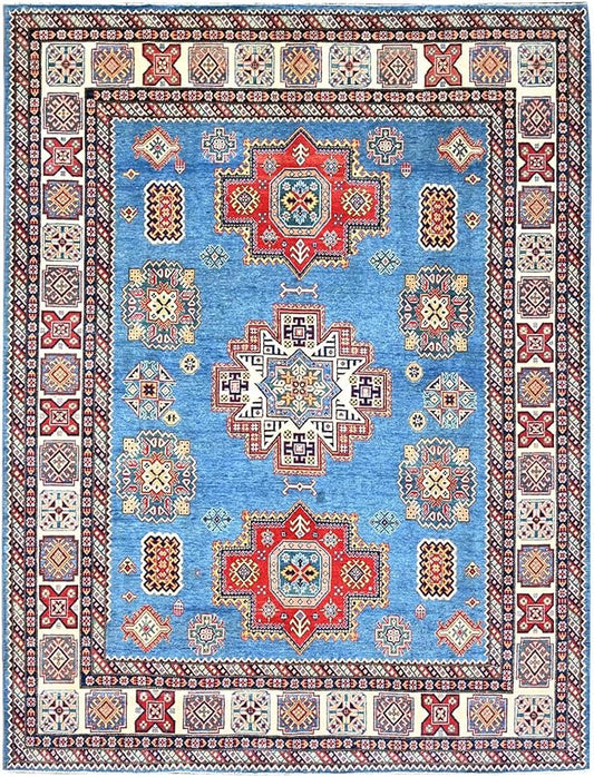 Cerulean Blue Special Kazak with All Over Pattern Natural Dyes Pure Wool Hand Knotted Oriental Densely Woven Rug(9'x11'8")