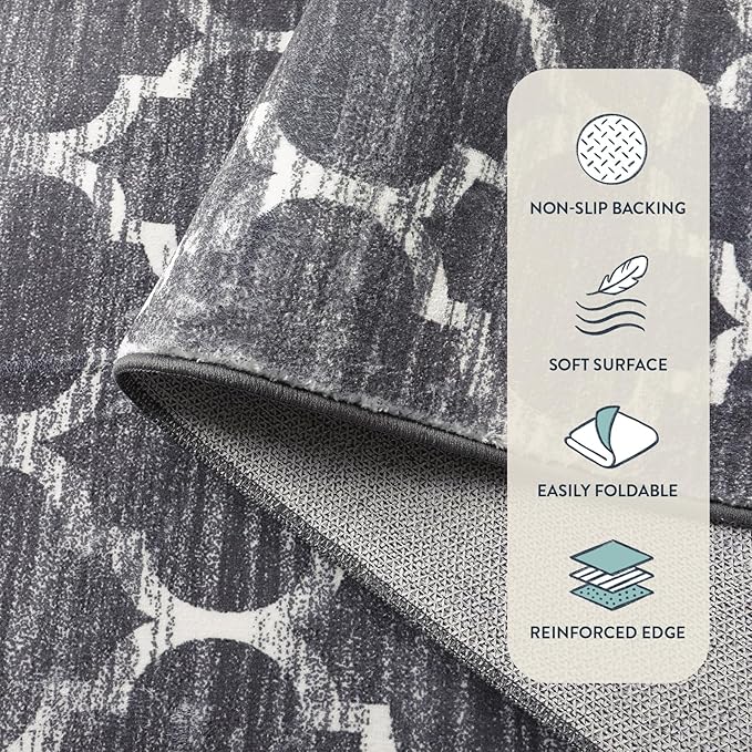 Lahome Moroccan Machine Washable Area Rugs - 5 x 7 Rugs for Living Room Non-Slip Lightweight Soft Carpet for Bedroom Throw Low-Pile Dining Room Rug, Grey Print Modern Rug for Office Kitchen Entryway