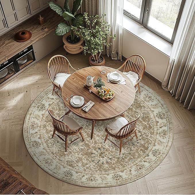 jinchan Fiora Round Rug 7ft Area Rug - Taupe Vintage Floor Mat Indoor Ultra-Thin Soft Floral Print - Washable Circle 7' Retro Accent for Farmhouse Non Slip Dining Room Living Room Bedroom Office