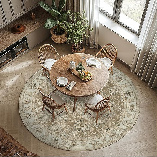 jinchan Fiora Round Rug 7ft Area Rug - Taupe Vintage Floor Mat Indoor Ultra-Thin Soft Floral Print - Washable Circle 7' Retro Accent for Farmhouse Non Slip Dining Room Living Room Bedroom Office