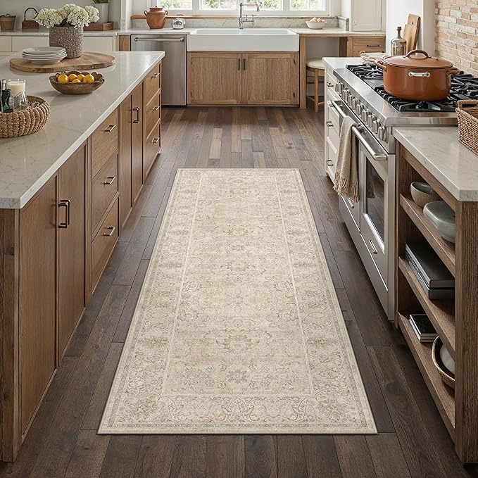 HUGEAR 2x6 Machine Washable Hallway Runner Rugs Vintage Beige - Neutral Non Slip Stain Resistant Low Pile Aesthetic Throw Carpet Kids & Pet Friendly for Bedroom Kitchen