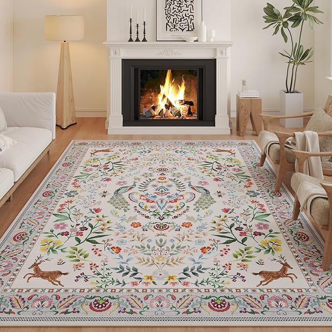 Rugcomf Living Room Rug 5x7 Rug Machine Washable Area Rug Floral Non-Slip Low Pile Large Rugs for Living Room, Bedroom, Farmhouse, Dining Room, Kids Playroom(Colorful)