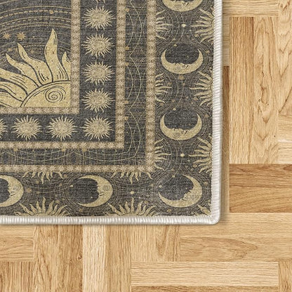 Ambesonne Sun and Moon Decorative Rug, Bohemian Art Design of Crescent Solar Ornament Esoteric Stars, Quality Carpet for Bedroom Dorm and Living Room, 2' 2" x 3' 7", Charcoal Grey Sand Brown