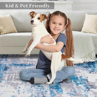 Ciicool 2x6 Washable Runner Rug, Modern Abstract Hallway Rugs Runner, Non-Slip Thin Accent Rug Lightweight Grey Blue White Print Distressed Carpet for Laundry Entryway Bedroom Kitchen Indoor