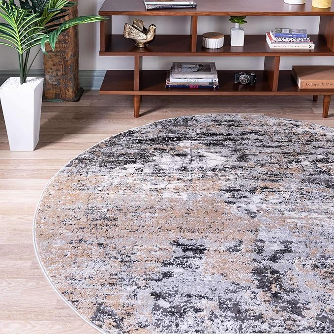 Rugs.com Leipzig Collection Round Rug – 6 Ft Round Beige Low-Pile Rug Perfect for Kitchens, Dining Rooms
