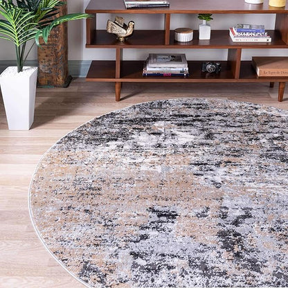 Rugs.com Leipzig Collection Round Rug – 7 Ft Round Beige Low-Pile Rug Perfect for Kitchens, Dining Rooms
