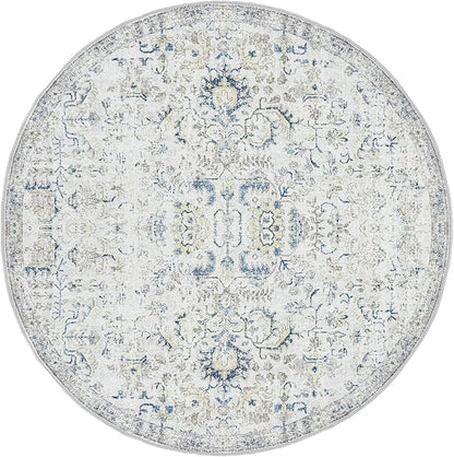 jinchan Kalen Round Rug 7ft Area Rug Washable Vintage Indoor Retro Floor Cover Distressed Floral 7' Round Circle Boho Non Slip Thin Carpet for Living Room Dining Room Bedroom Kitchen Blue