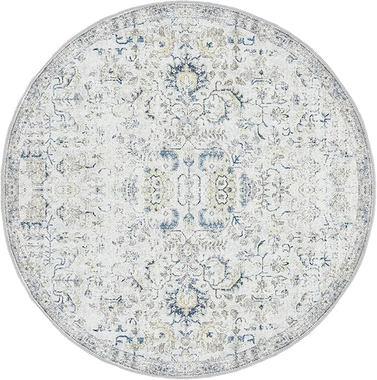 jinchan Kalen Round Rug 6ft Area Rug Washable Vintage Indoor Retro Floor Cover Distressed Floral 6' Round Circle Boho Non Slip Thin Carpet for Living Room Dining Room Bedroom Kitchen Blue
