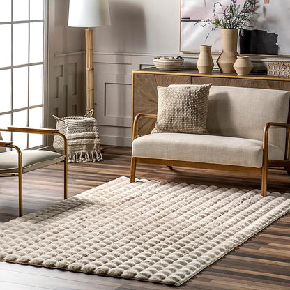 Nuloom Jeni Beige, 6' Square, Solid Faux Rabbit, Fluffy and Cozy, High Traffic, Stain Resistant, Easy Clean, Durable Washable Area Rug for Bedroom, Living Room, Dining, Den, Foyer, Entryway