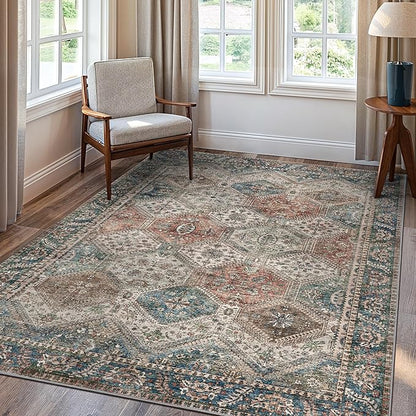 Bavni 3x5 Area Rugs for Living Room, Machine Washable Rug Non Slip, Vintage Chenille Distressed Print Carpet, Large Low Pile Ultra-Thin Lightweight Rugs for Bedroom, Dining Room, Home, Office, Red