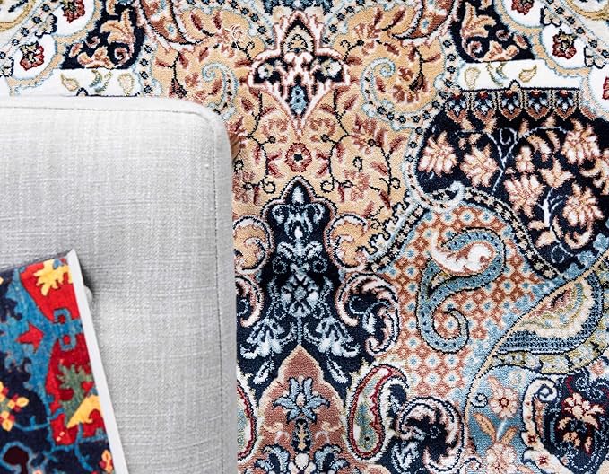 Unique Loom Narenj Collection Classic Traditional Medallion Textured Design Area Rug, 5 x 8 ft, Navy Blue/Tan