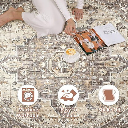Round Rug Living Room Rugs: 7x7 Washable Boho Neutral Large Circle Soft Indoor Floral Stain Resistant Floor Farmhouse Carpet for Bedroom Nursery Kids Playroom Office Dining Room Dorm Home- Beige Brown