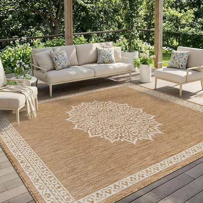 CAMILSON Outdoor Rug 10x14 Medallion Natural Modern Large Area Rugs for Indoor and Outdoor Patios Kitchen and Hallway Mats Washable Porch Deck Outside Carpet (Medallion Natural 10 x 14)