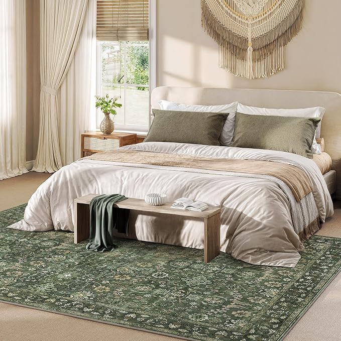 8x10 Washable Rugs for Living Room, Soft Large Rugs Green Area Rug, Indoor Vintage Carpet for Bedroom Dining Room Office, Rubber Backed Non Slip Low Pile Mat, Dark Olive Green