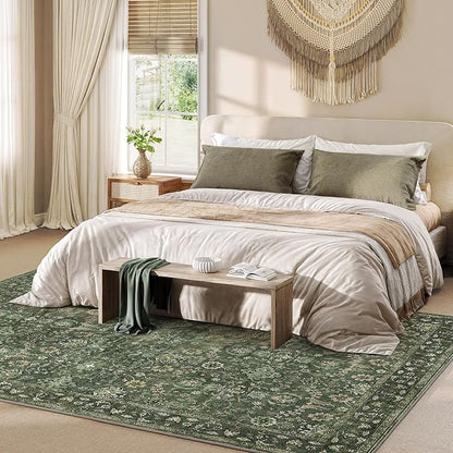 8x10 Washable Rugs for Living Room, Soft Large Rugs Green Area Rug, Indoor Vintage Carpet for Bedroom Dining Room Office, Rubber Backed Non Slip Low Pile Mat, Dark Olive Green
