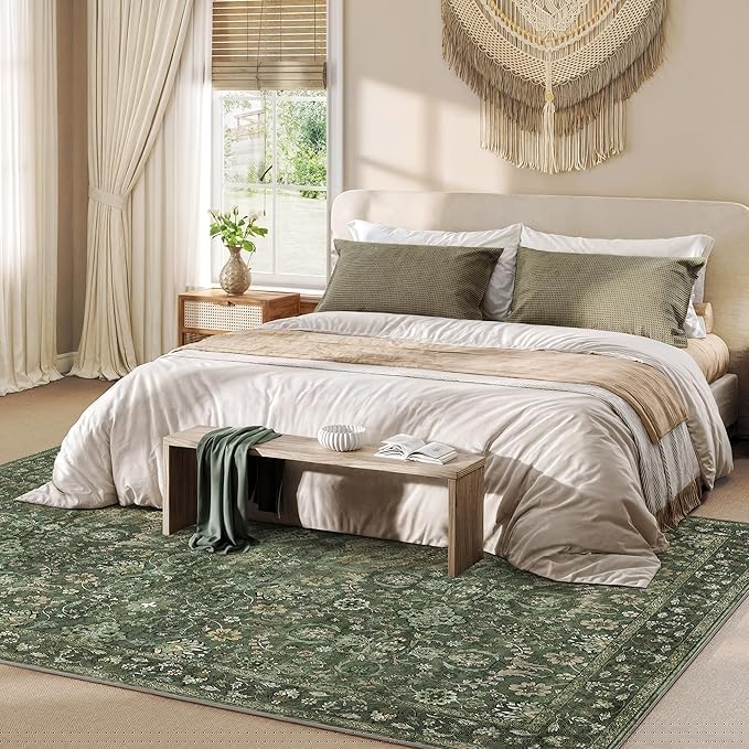 5X7 Area Rugs for Living Room, Soft Rugs Green Washable Rug, Indoor Vintage Rugs for Bedroom Home Office Laundry, Rubber Backed Non Slip Low Pile Carpet, Dark Olive Green