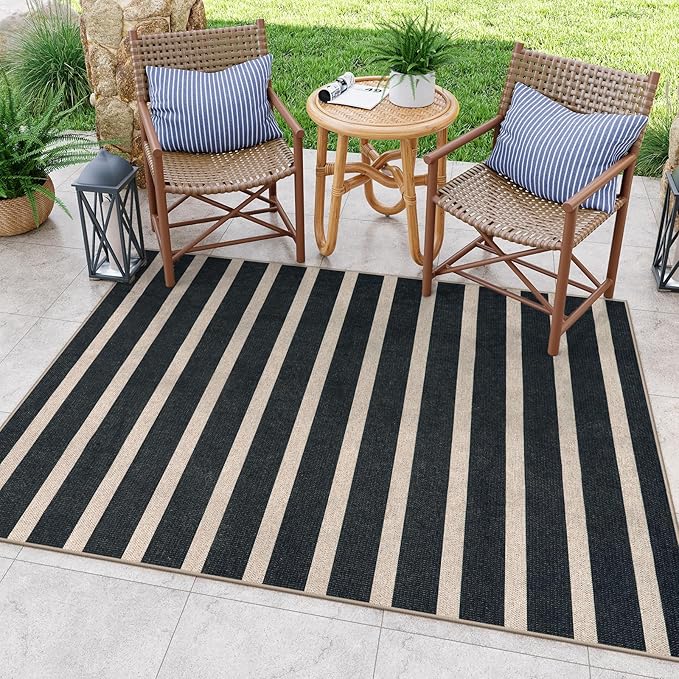 Lahome Striped Easy Jute Indoor Outdoor Rug, Washable Rugs 5x7 for Patio Living Room, Farmhouse Neutral Non Slip Non Shedding Black Carpet for Deck Entryway Dining Room Office Classroom