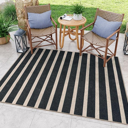 Lahome Striped Easy Jute Indoor Outdoor Rug, Washable Rugs 5x7 for Patio Living Room, Farmhouse Neutral Non Slip Non Shedding Black Carpet for Deck Entryway Dining Room Office Classroom
