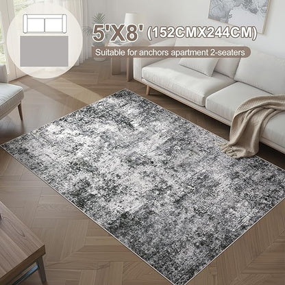 Area Rug Living Room Rugs - 5x8 Large Soft Indoor Neutral Modern Abstract Low Pile Washable Rug Carpet for Bedroom Dining Room Farmhouse Home Office - Grey