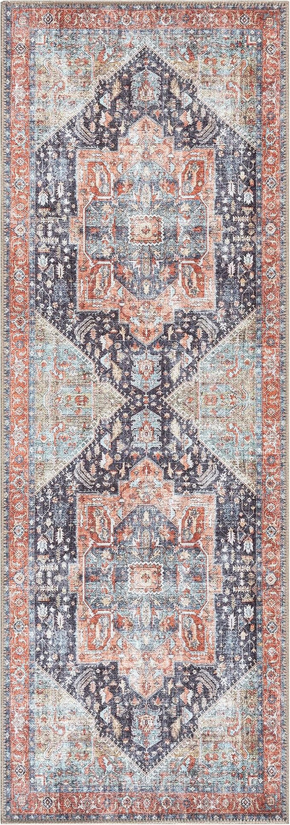 Bloom Rugs Washable Non-Slip 7 ft Runner - Terracotta/Blue Traditional Medallion Runner for Entryway, Hallway, Bathroom, and Kitchen - Exact Size: 2.5' x 7'