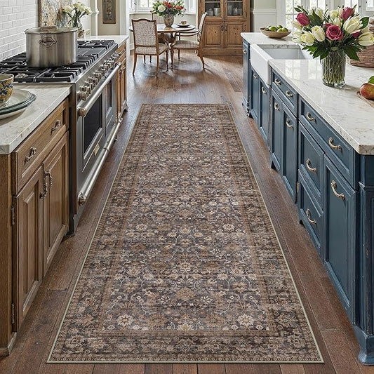 HUGEAR 3x8 Runner Rug Machine Washable Tradition Brown Hallway Area Rug Indoor Accent Rugs Floral Low Pile Carpet Soft Throw Rugs Bedroom Living Room Office Dining Kitchen Laundry Non Slip