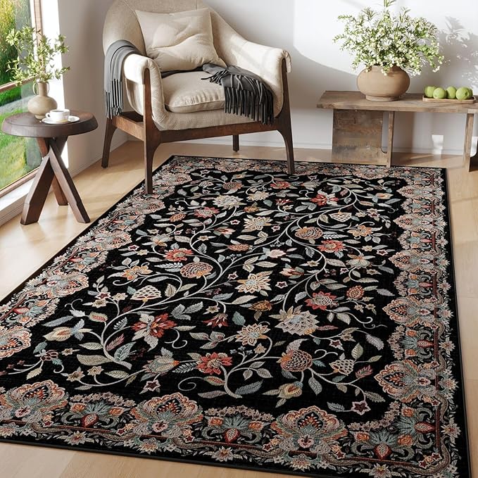 Rugcomf Vintage Paisley Rugs for Bedroom 4'x6' - Machine Washable Area Rug, Non-Slip Low Pile Floral Carpet for Girl/Boys Room, Living Room, Kids, Entry - Black
