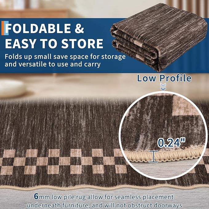 GarveeHome Scalloped Round Rug 4ft Modern Solid Color Circle Rugs Non Slip Low Pile Living Room Throw Carpat Washable Bedroom Scalloped Round Area Rug Stain Resistant Bordered Rug for Kitchen, Brown
